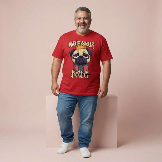 Grey-haired man laughing heartily in a bright red Notorious P.U.G. t-shirt, cheeky dog graphic that turns the classic Biggie reference into pure pup banter