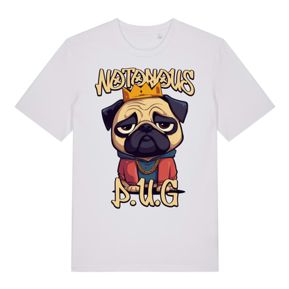 White Notorious P.U.G funny graphic t-shirt with hip-hop pug artwork  