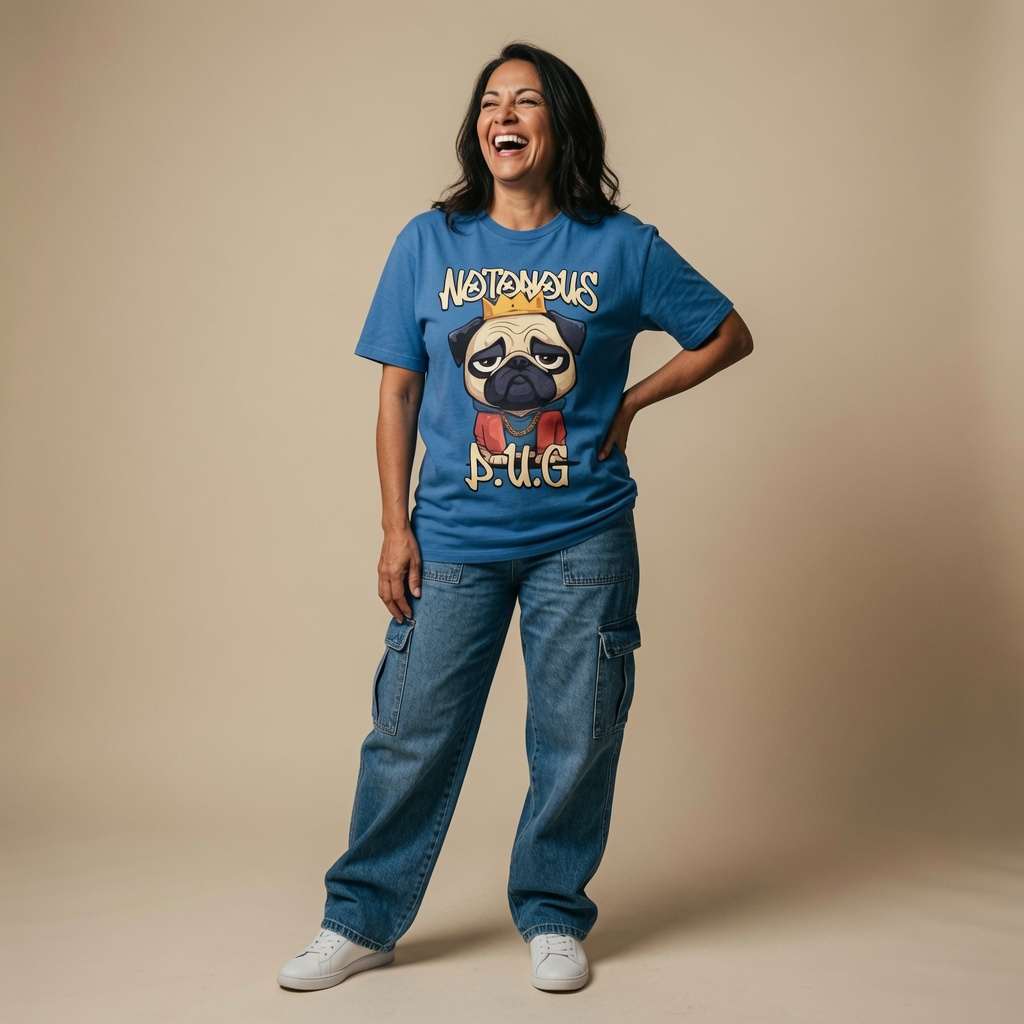 Woman laughing with one hand on her hip in a blue Notorious P.U.G. t-shirt, original cheeky doggy pun that turns the classic Biggie reference into pure fun
