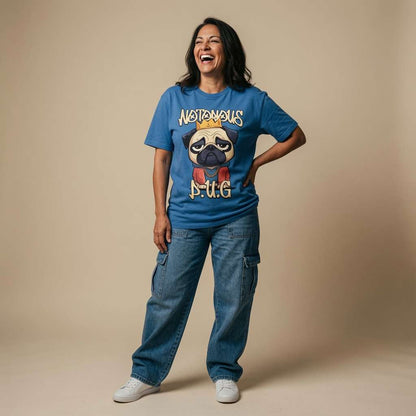 Woman laughing with one hand on her hip in a blue Notorious P.U.G. t-shirt, original cheeky doggy pun that turns the classic Biggie reference into pure fun