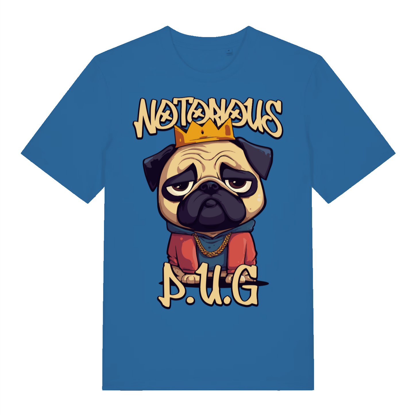 Blue Notorious P.U.G funny graphic t-shirt featuring Biggie-style pug design  