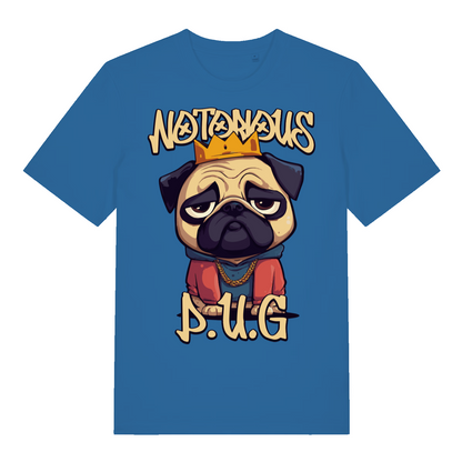 Blue Notorious P.U.G funny graphic t-shirt featuring Biggie-style pug design  