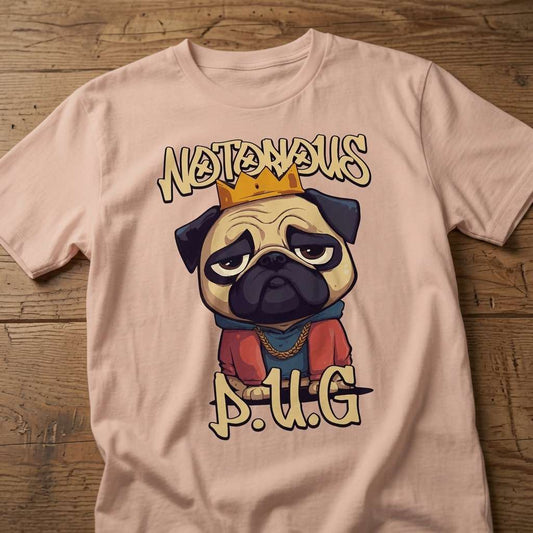Peach Notorious P.U.G. t-shirt laid flat on a wooden surface showing the full crowned pug illustration, funny and cheeky animal design for ladies