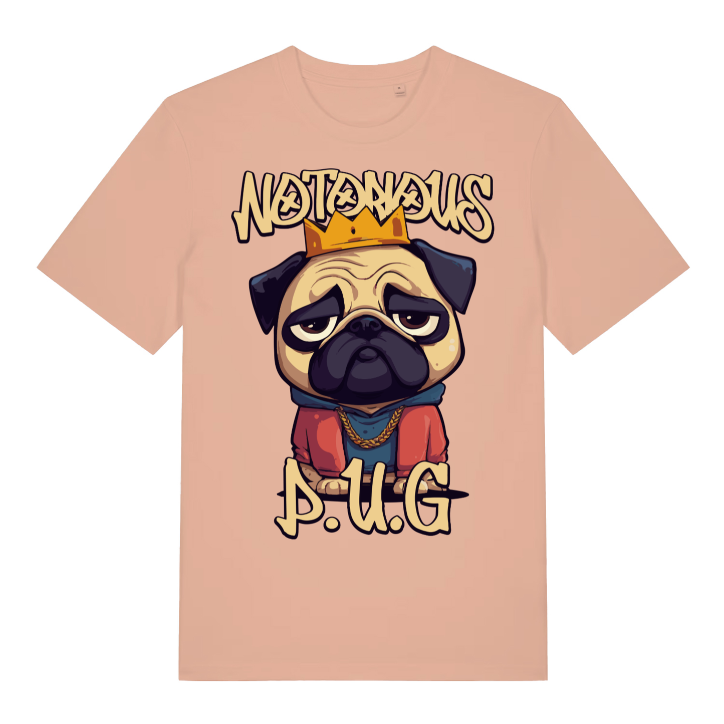 Peach Notorious P.U.G funny graphic t-shirt showing witty pug parody  