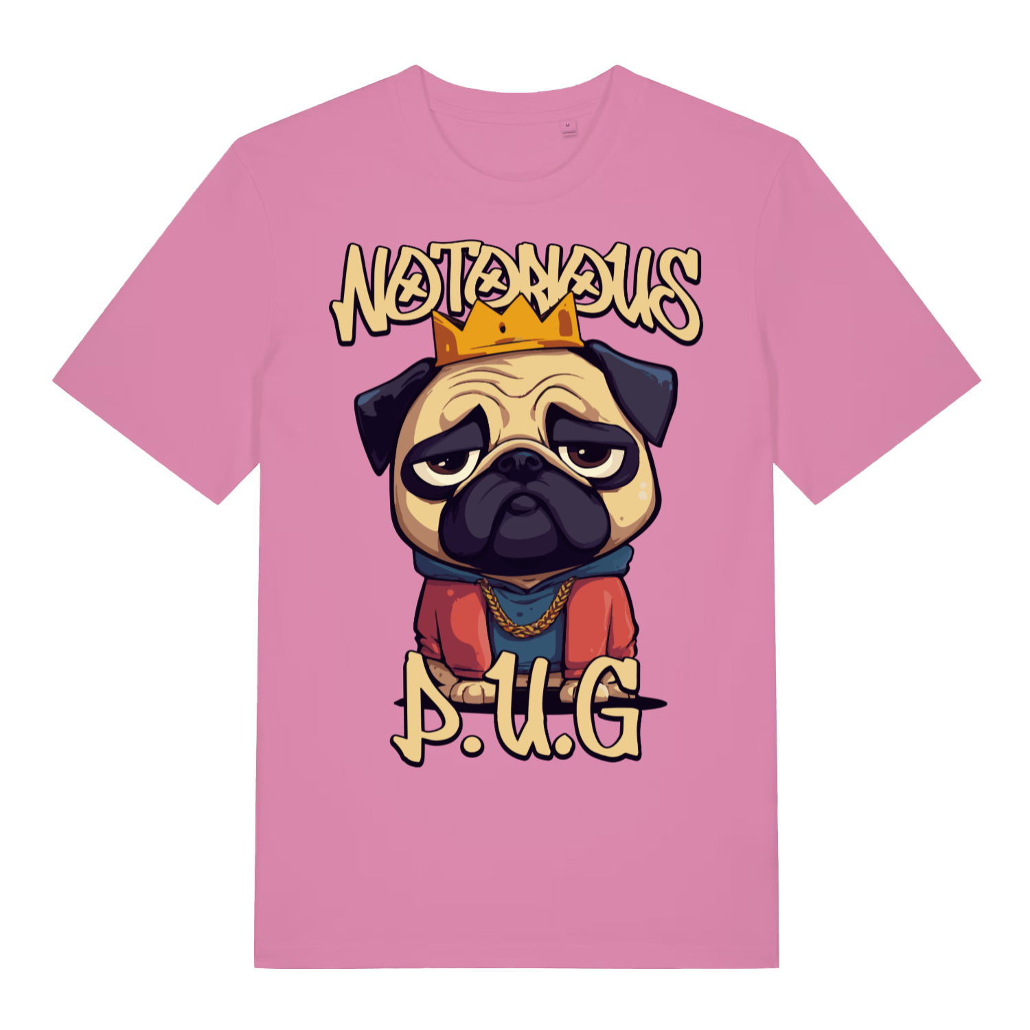 Pink Notorious P.U.G funny graphic t-shirt with bold Notorious P.U.G lettering  