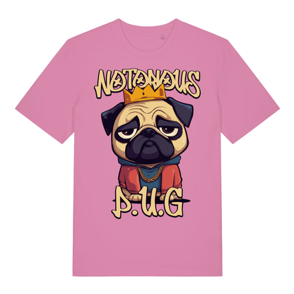 Pink Notorious P.U.G funny graphic t-shirt with bold Notorious P.U.G lettering  