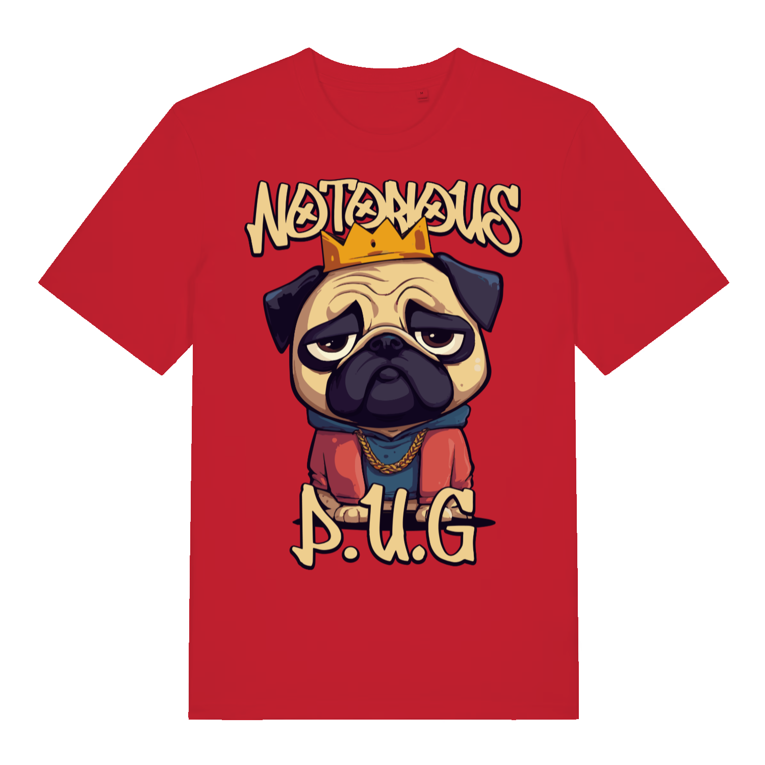 Red Notorious P.U.G funny graphic t-shirt featuring crowned cartoon pug  