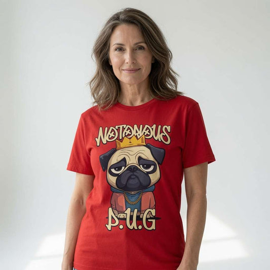 Woman with a soft smile wearing a red Notorious P.U.G. t-shirt featuring the crowned pug in a jacket and gold chain, cool and witty pug puppy design