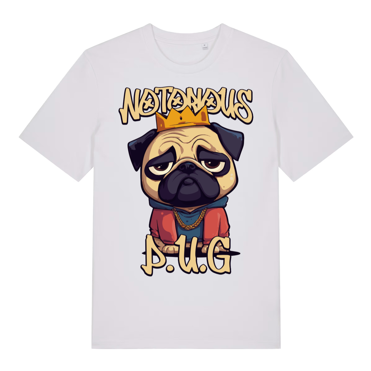 White Notorious P.U.G funny graphic t-shirt with hip-hop pug artwork  