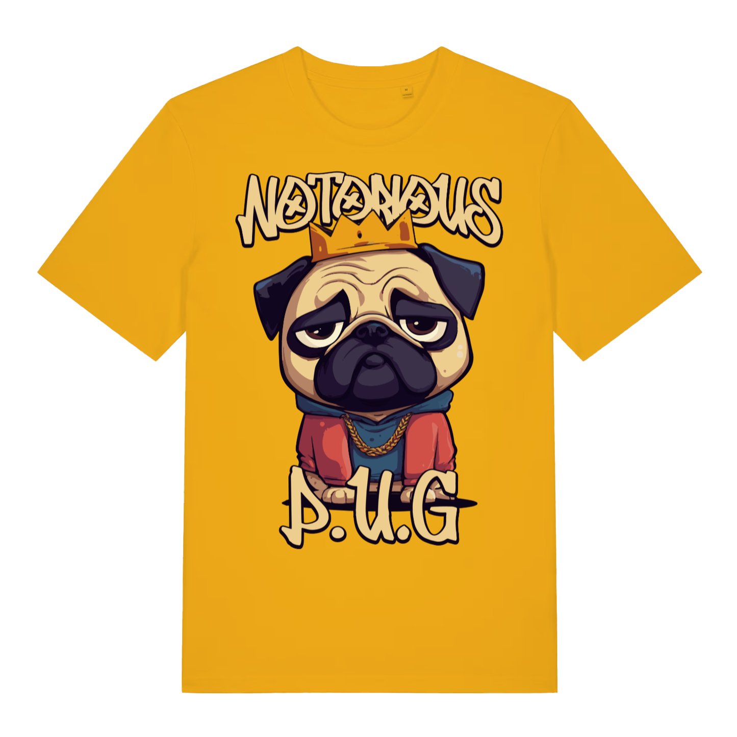 Yellow Notorious P.U.G funny graphic t-shirt showing legendary pug design  
