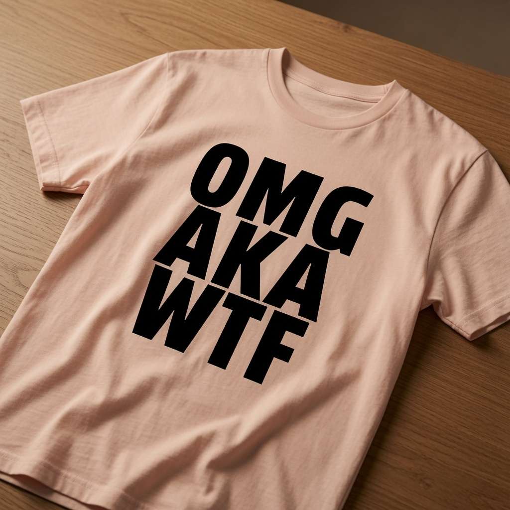 Peach OMG AKA WTF t-shirt laid flat on a wooden surface, bold black text that delivers pure statement energy