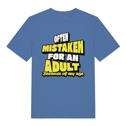 Bright blue Often Mistaken For An Adult funny slogan t-shirt featuring classic age banter  