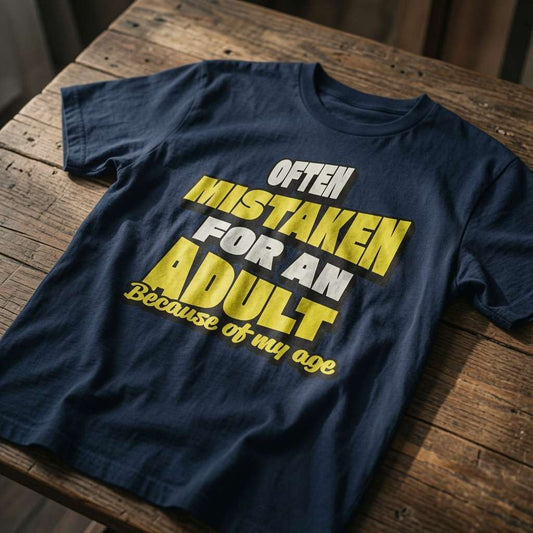Navy blue Often Mistaken For An Adult Because Of My Age t-shirt laid flat on a wooden table, bold yellow and white text perfect for witty dad banter