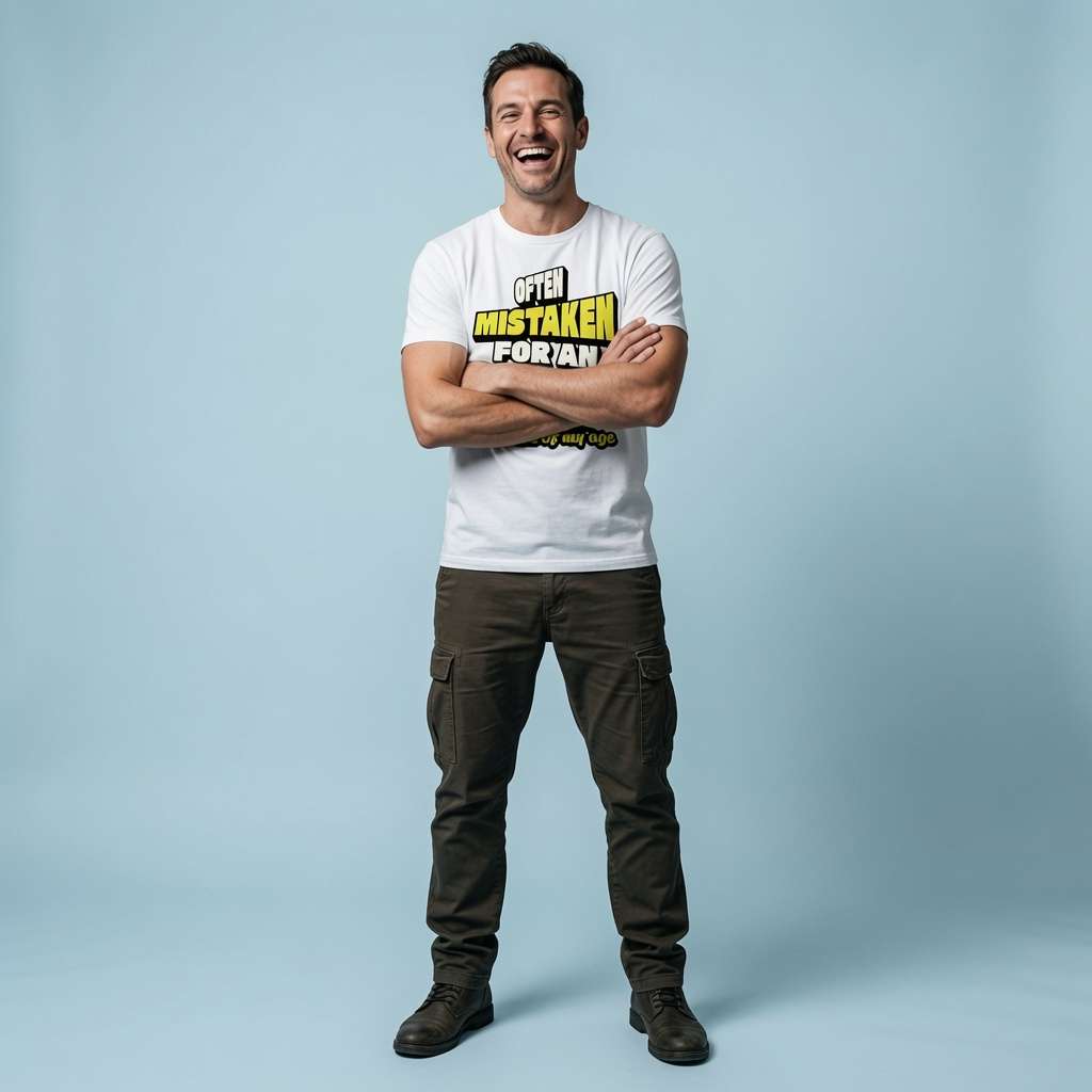 Man laughing with arms crossed while wearing a white Often Mistaken For An Adult Because Of My Age t-shirt, fun and witty Fathers Day gift slogan