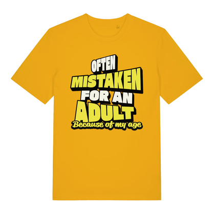 Yellow Often Mistaken For An Adult funny slogan t-shirt featuring humorous adulthood quote  