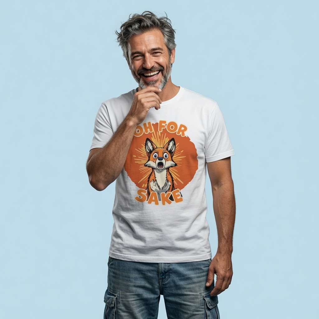 Grey-haired man laughing with one hand on his chin while wearing a white Oh For Fox Sake t-shirt featuring a shocked cartoon fox, funny and witty swearing animal pun
