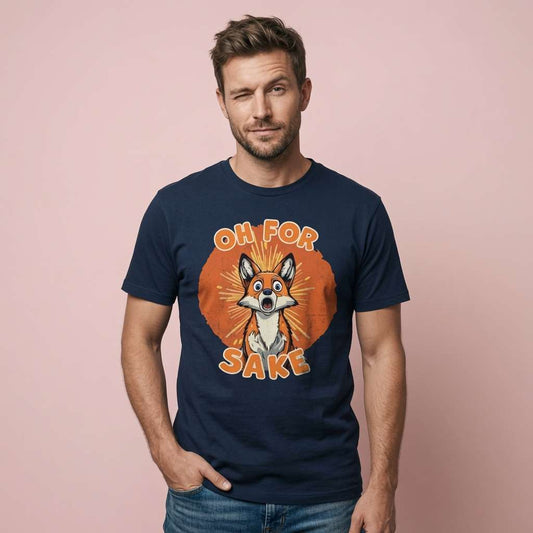 Man giving a knowing wink in a navy Oh For Fox Sake t-shirt, rude and witty animal pun that always gets a laugh