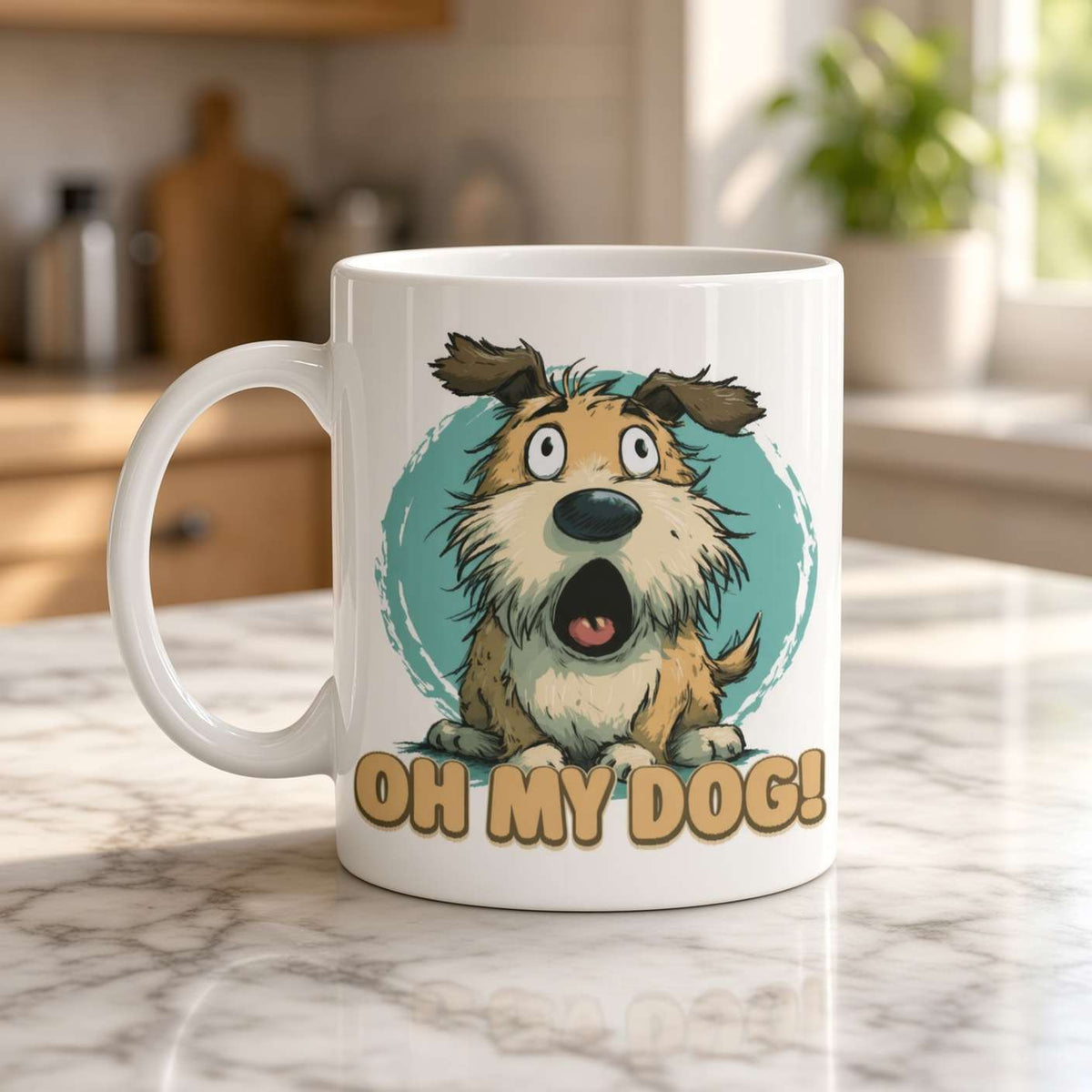 A white mug on a marble kitchen counter features a wide-eyed, shaggy cartoon dog and the words “OH MY DOG!” in bold lettering, creating a playful, surprised tone.