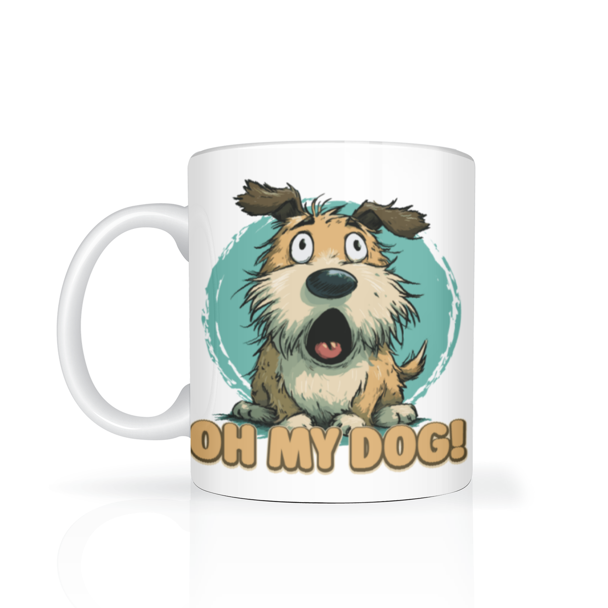 White mug featuring a wide-eyed, scruffy cartoon dog with its mouth open against a teal circle, above the playful text “OH MY DOG!”