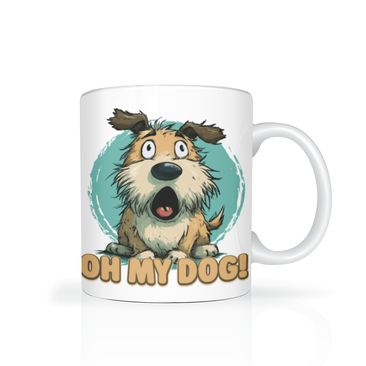 White mug featuring a wide-eyed cartoon dog against a teal circle, with the words “OH MY DOG!”; the playful design conveys surprise and humor.