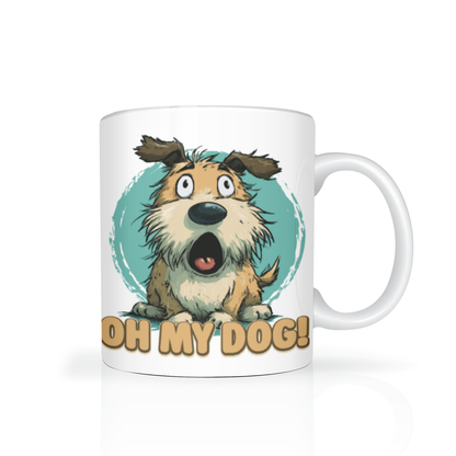 White mug featuring a wide-eyed cartoon dog against a teal circle, with the words “OH MY DOG!”; the playful design conveys surprise and humor.