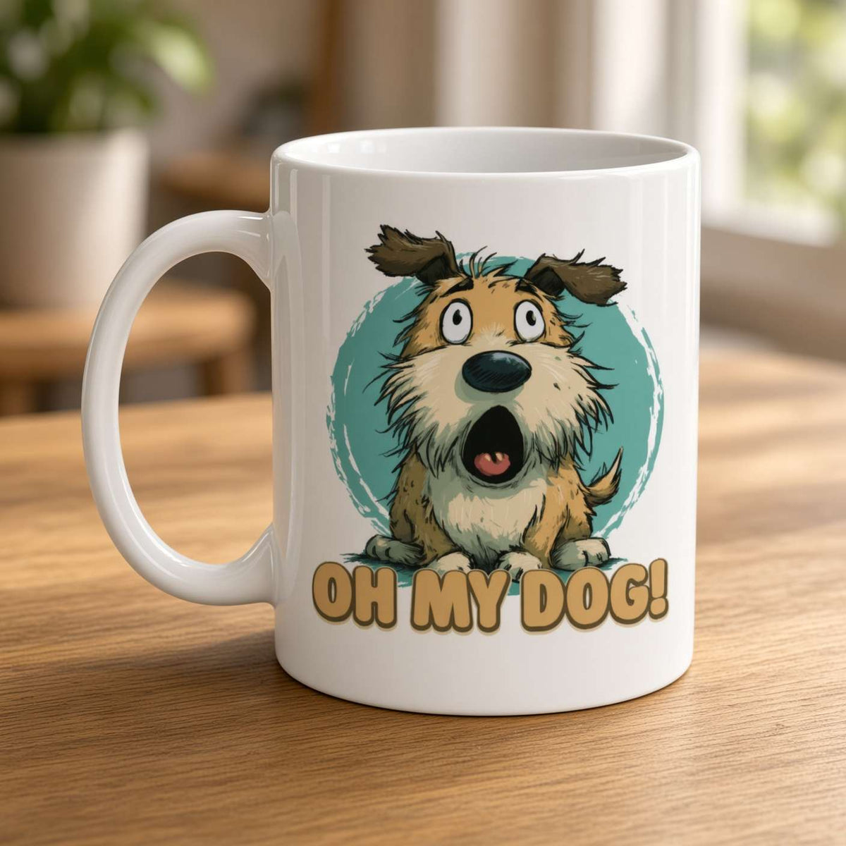 White ceramic mug on a wooden table features a wide-eyed, shaggy cartoon dog with the playful caption “OH MY DOG!” in bold lettering.