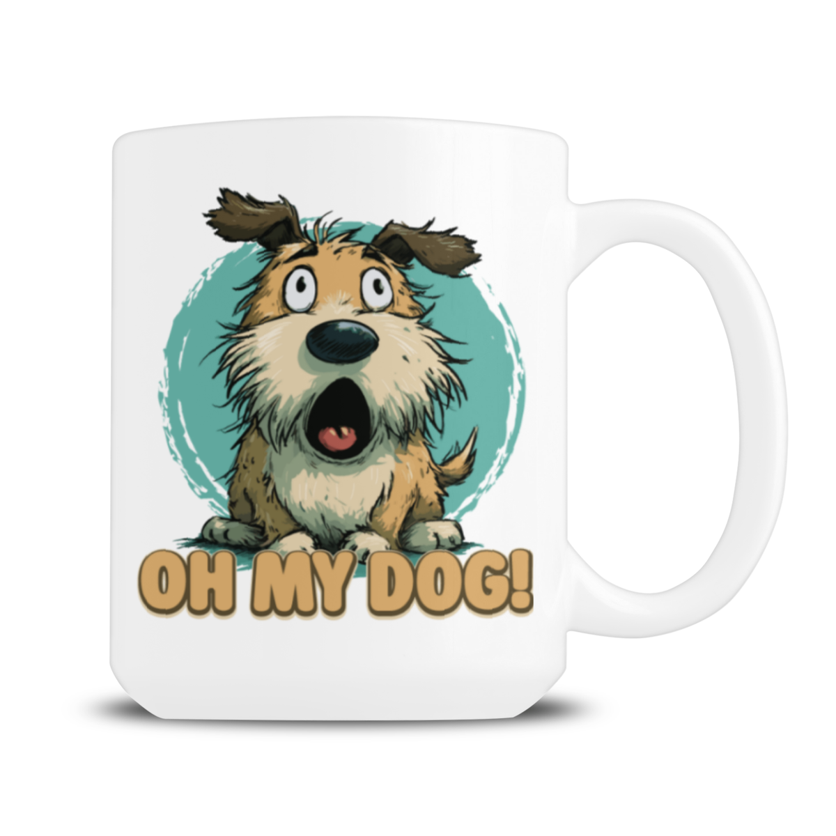 White mug featuring a surprised cartoon dog with wide eyes and an open mouth against a teal circle, above bold text reading “OH MY DOG!” Playful, humorous tone.