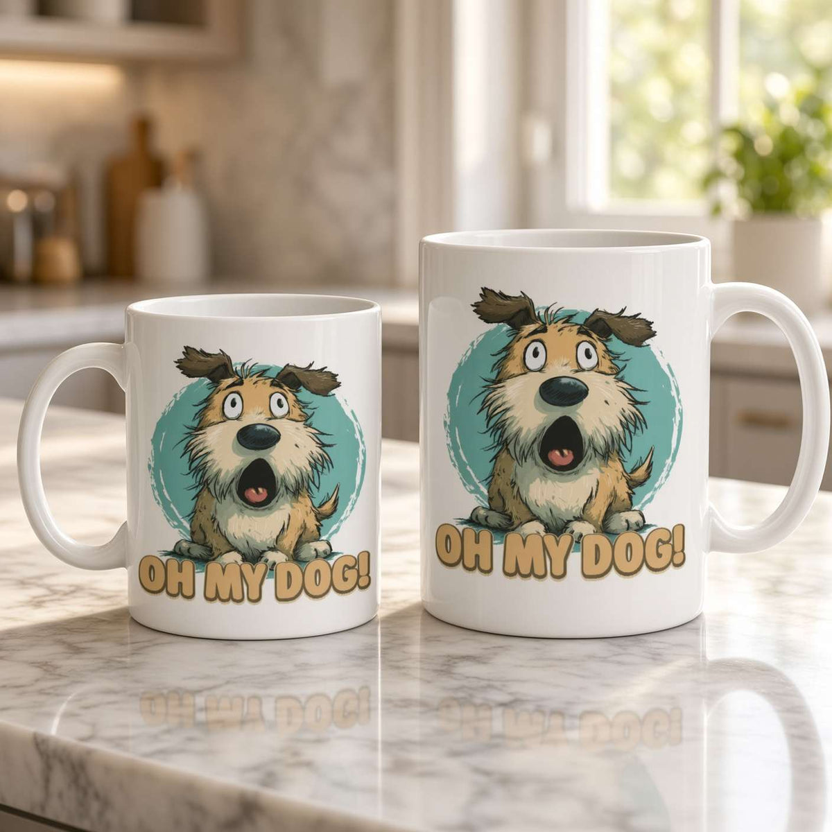 Two white ceramic mugs of different sizes sit on a sunlit marble kitchen counter, each printed with a surprised cartoon dog and “OH MY DOG!” in bold letters; playful, cozy tone.