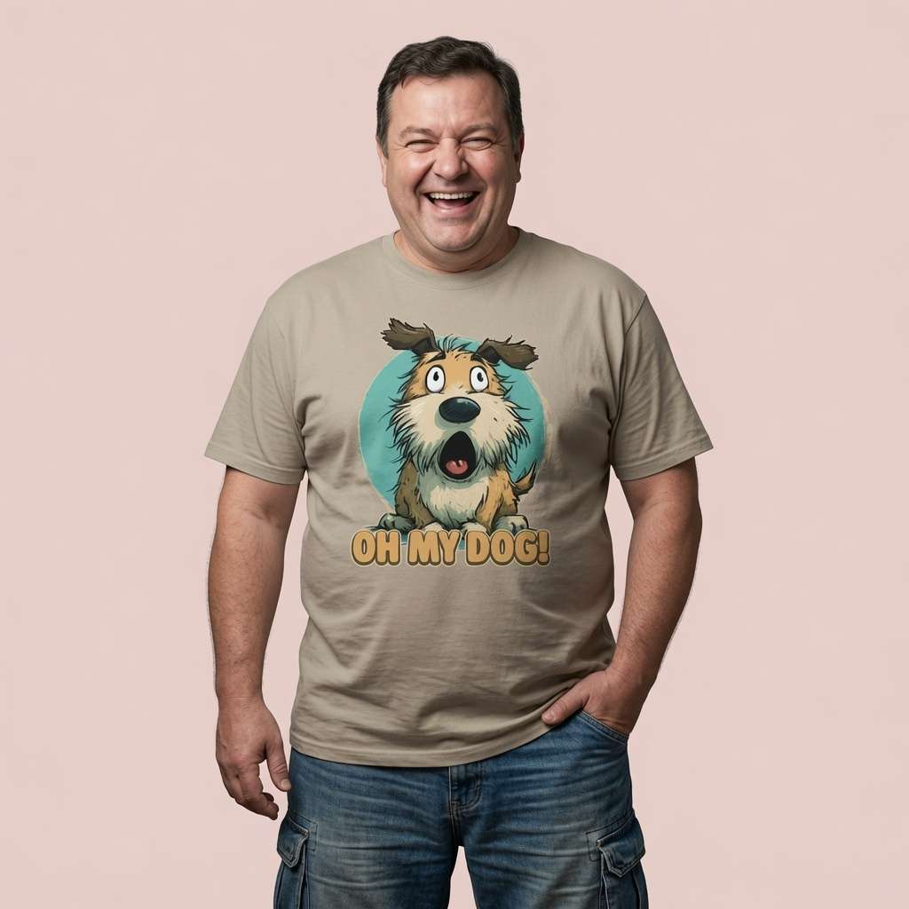 Man laughing with both hands in his pockets in a beige Oh My Dog! t-shirt, cheeky puppy design perfect for dog lovers with a sense of humour