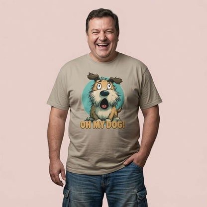 Man laughing with both hands in his pockets in a beige Oh My Dog! t-shirt, cheeky puppy design perfect for dog lovers with a sense of humour