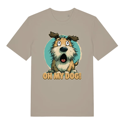 Beige Oh My Dog funny graphic t-shirt with shocked cartoon puppy  