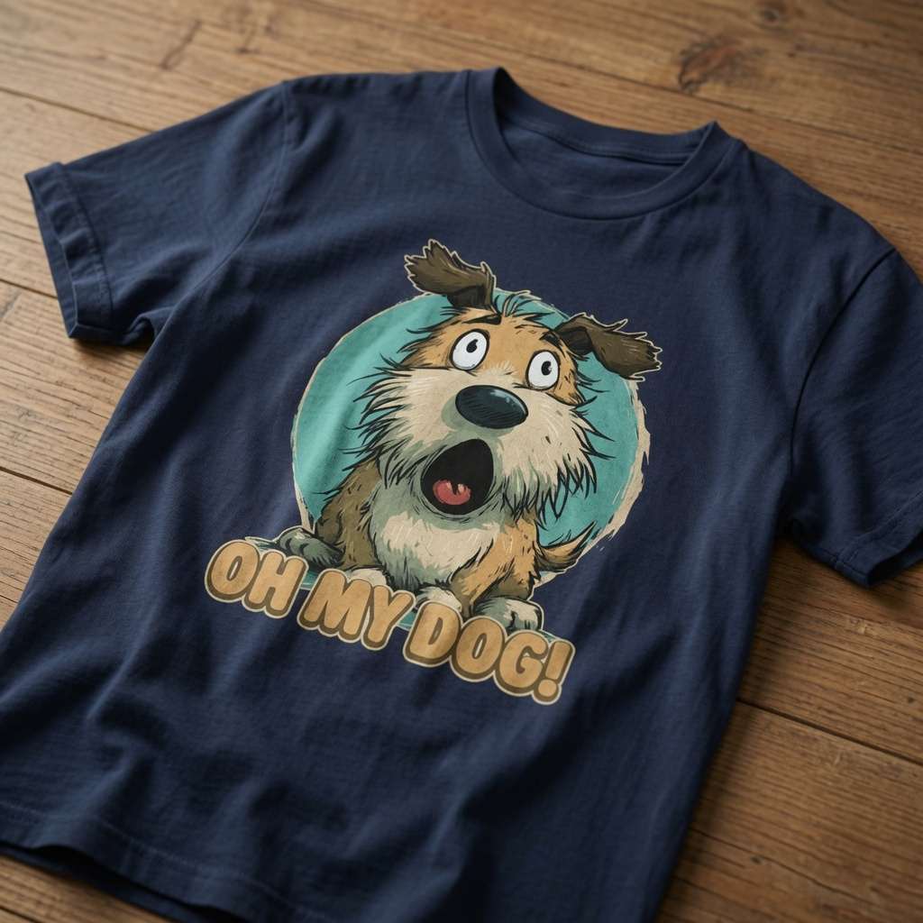 Navy blue t-shirt laid flat on a wooden table featuring a wide-eyed shocked scruffy dog and the slogan “Oh My Dog!”, funny and witty agnostic dog pun design