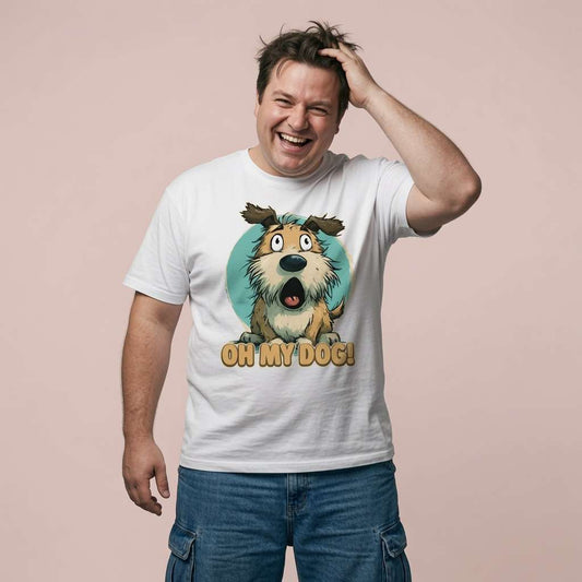 Man laughing with one hand in his hair while wearing a white Oh My Dog! t-shirt, witty and funny pup pun that always gets a reaction