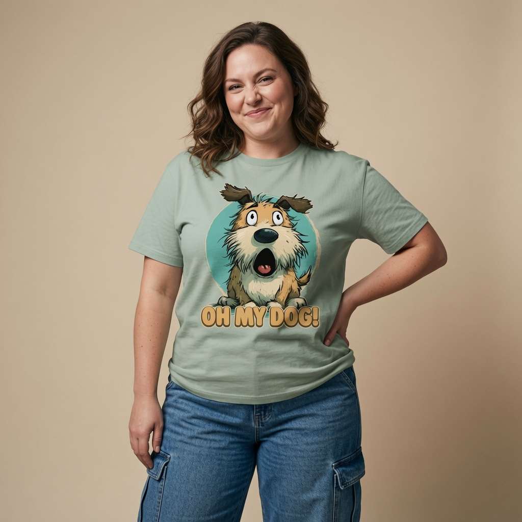 Woman smiling with one hand on her hip in an aloe green Oh My Dog! t-shirt, witty and funny pup graphic that always gets a smile