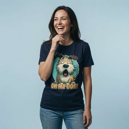 Woman laughing with one hand near her chin while wearing a navy Oh My Dog! t-shirt, humorous and unique dog design full of personality