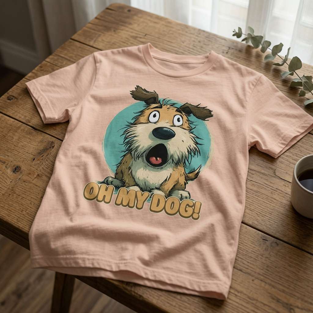 Peach t-shirt laid flat on a wooden table featuring a wide-eyed shocked scruffy dog and the slogan “Oh My Dog!”, witty and funny doggy graphic design