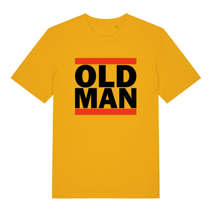 Yellow Old Man funny slogan t-shirt with red bar framed design  