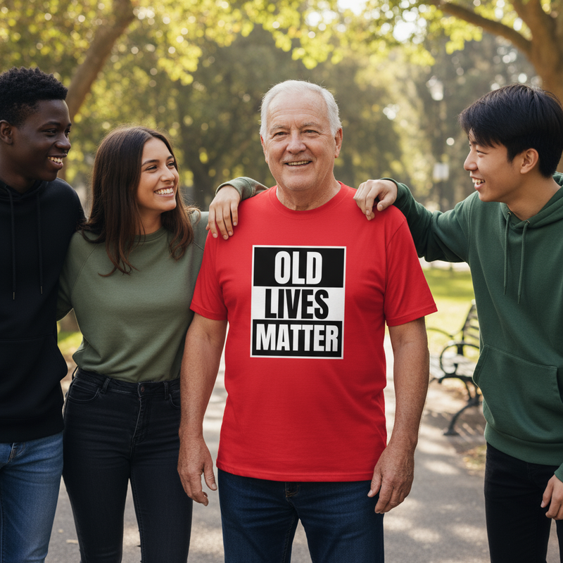A smiling older man in a red "Old Lives Matter" T-shirt stands in a park, surrounded by three happy young friends, conveying unity and support.