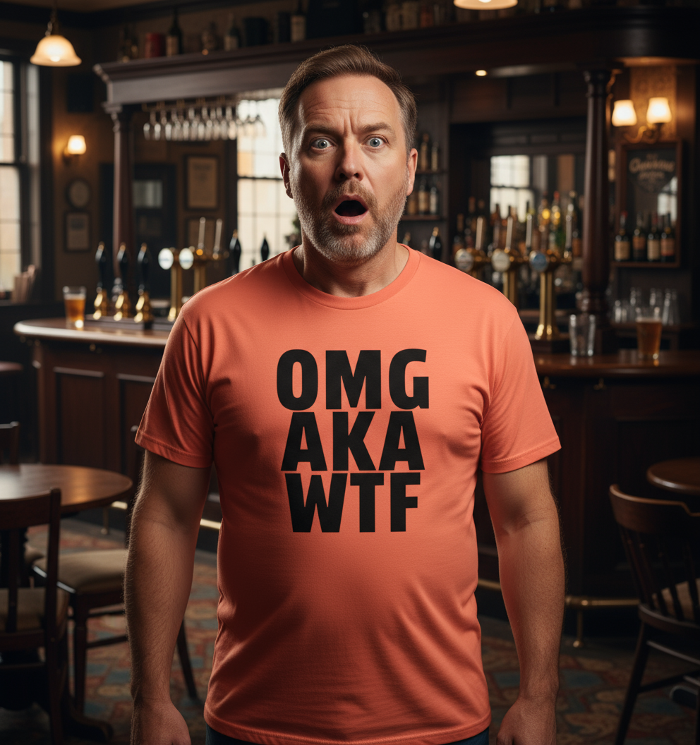 A surprised man stands in a bar wearing an orange funny slogan shirt with bold black text reading, "OMG AKA WTF." The bar is warmly lit with wooden decor.