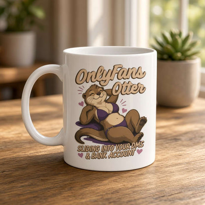 A white mug on a sunlit wooden table features a reclining otter and playful “OnlyFans Otter” slogan, with houseplants softly blurred behind it.