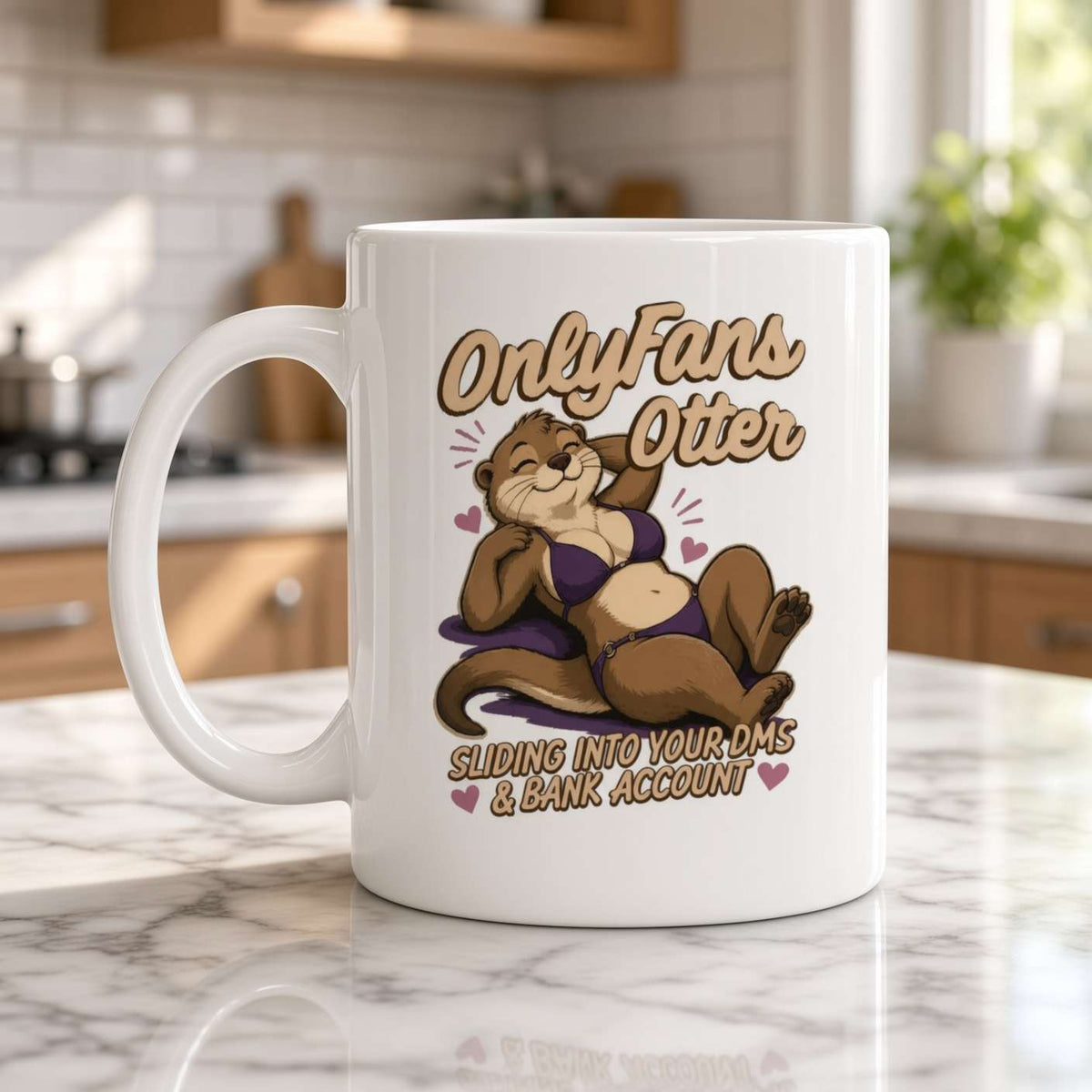 A white mug on a marble kitchen counter features a playful cartoon otter in a swimsuit and the text “OnlyFans Otter,” with a cheeky, humorous tone.