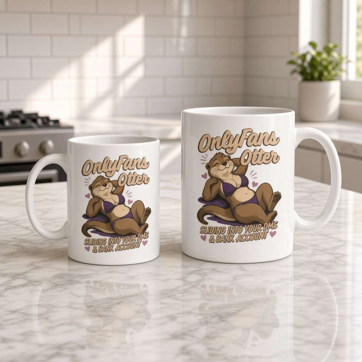Two white mugs on a sunlit marble kitchen counter feature a playful cartoon otter and “OnlyFans Otter” lettering, creating a cheeky, cozy mood.