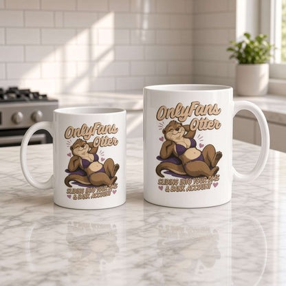 Two white mugs on a sunlit marble kitchen counter feature a playful cartoon otter and “OnlyFans Otter” lettering, creating a cheeky, cozy mood.
