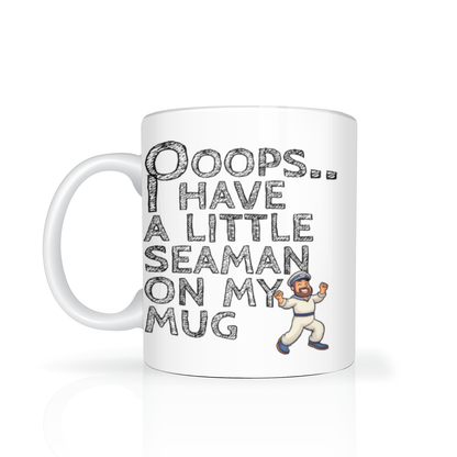 A white ceramic mug with a black textured graphic that reads 'Poops.
