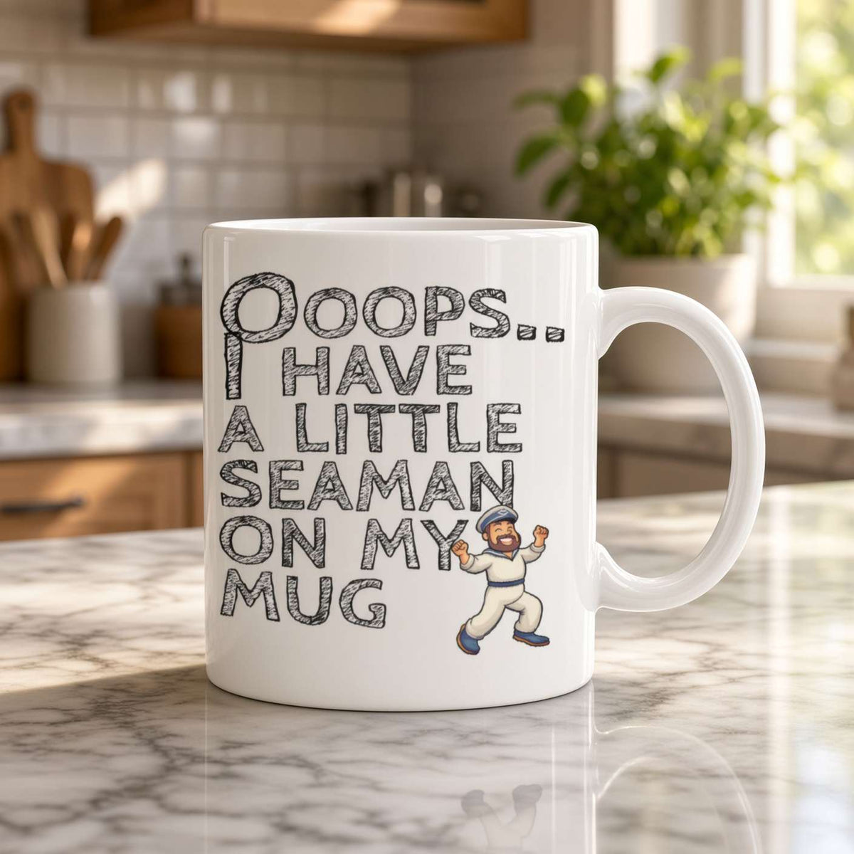 A white ceramic coffee mug with a humorous seaman-themed graphic and text, displayed on a marble kitchen counter with a blurred kitchen background.
