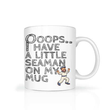A white ceramic mug with a humorous graphic print that reads 'Poops.