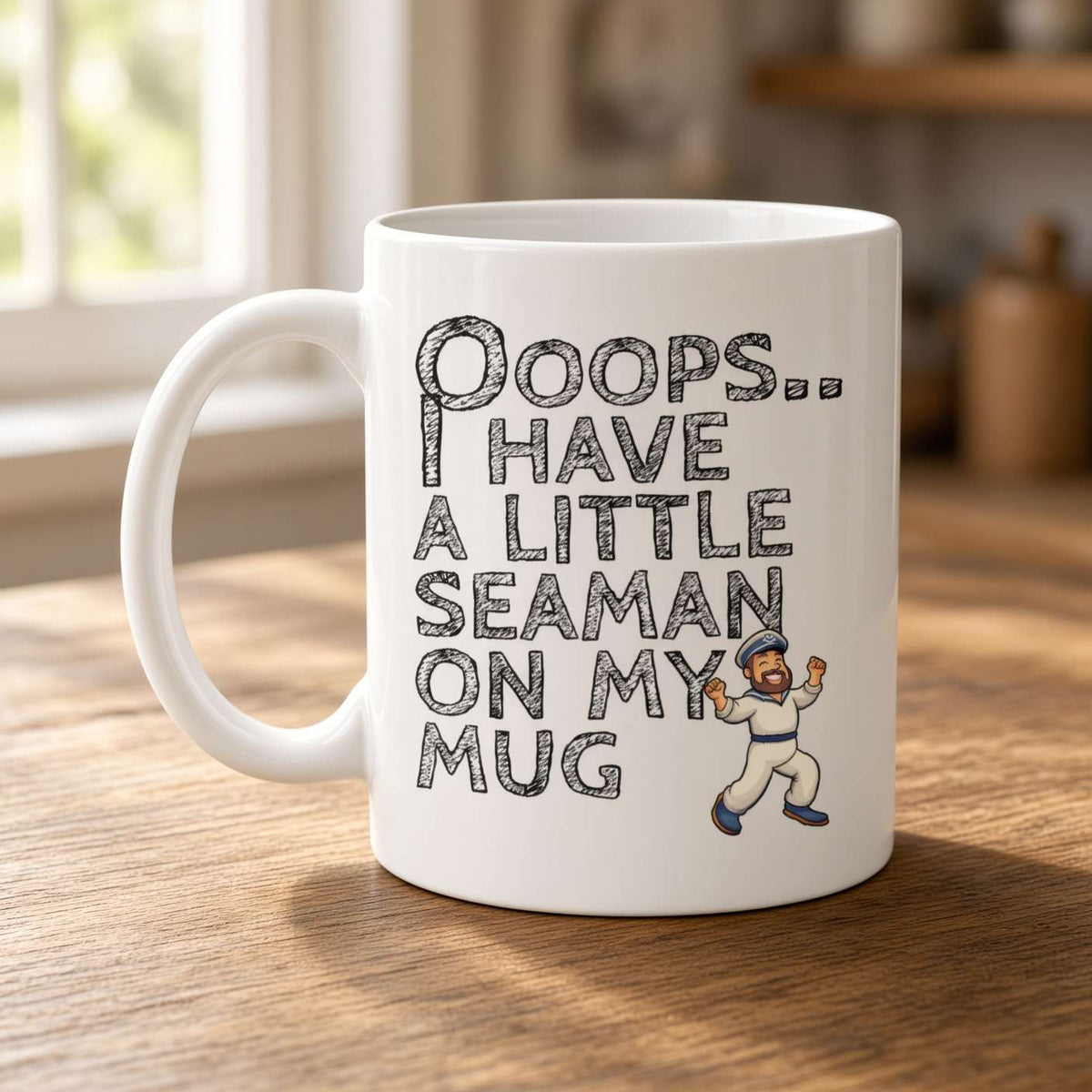 A white ceramic mug with a humorous seaman-themed graphic printed on it, sitting on a wooden table in a softly blurred indoor setting near a window.