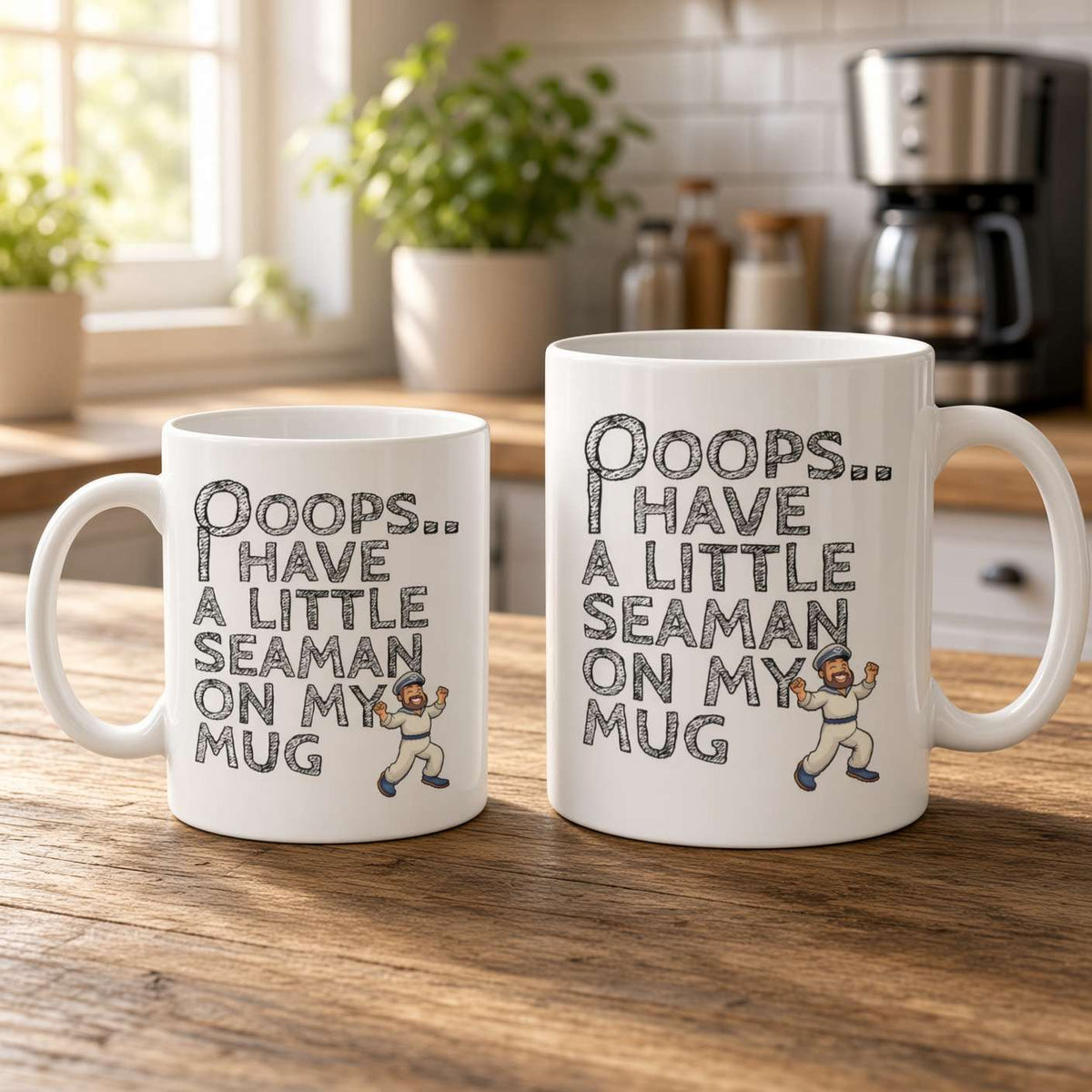 Two white ceramic mugs with a humorous seaman-themed printed design, displayed on a wooden table in a bright kitchen setting.