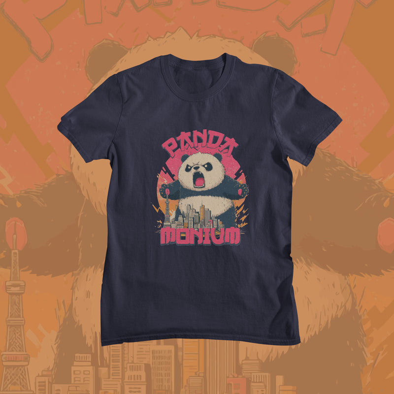 Navy blue t-shirt with a panda graphic and text on an orange background with cityscape design
