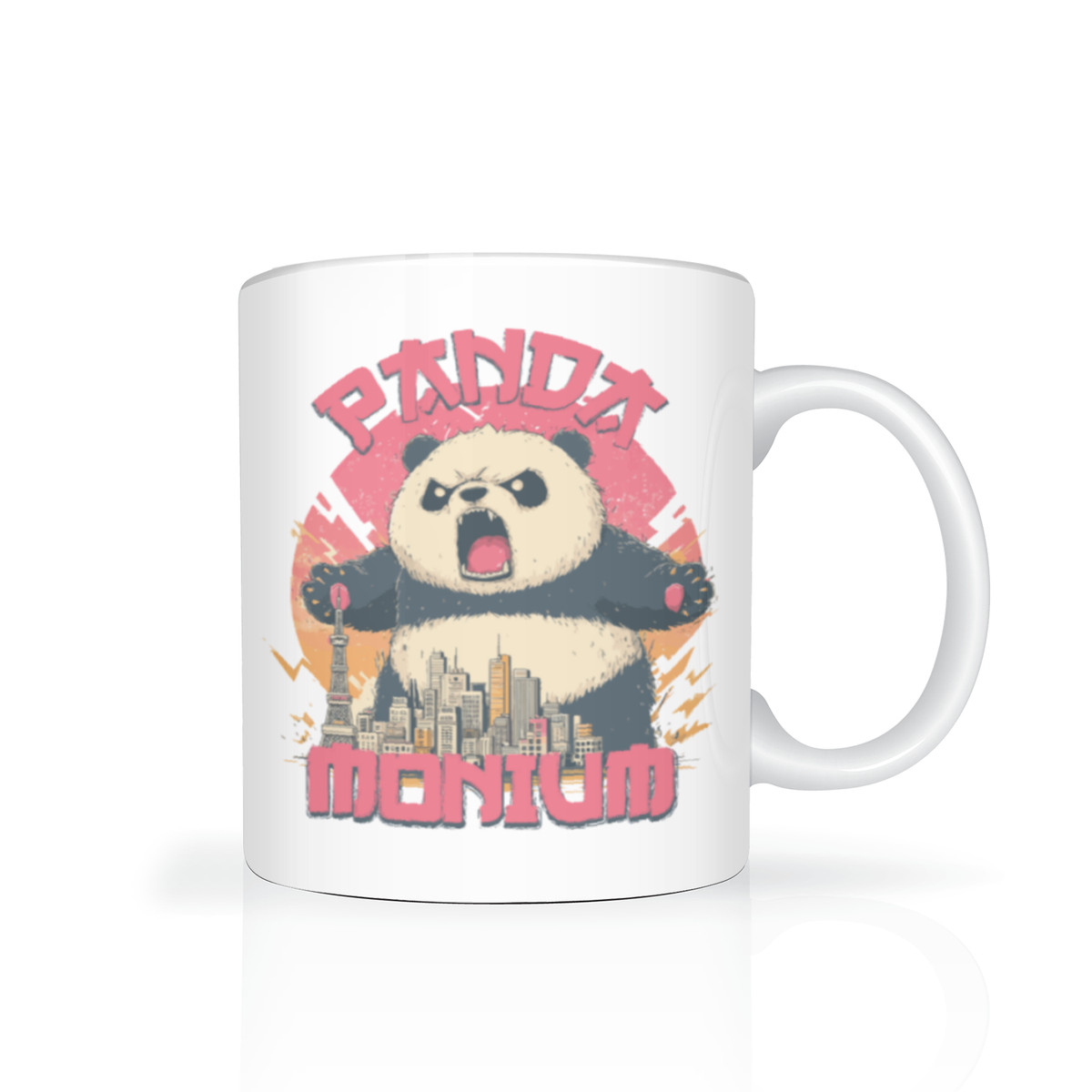 White ceramic mug featuring an angry cartoon panda towering over a city, with bold pink “Panda Montium” lettering; playful, action-packed design.
